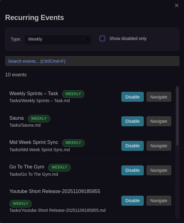 Recurring Events List
