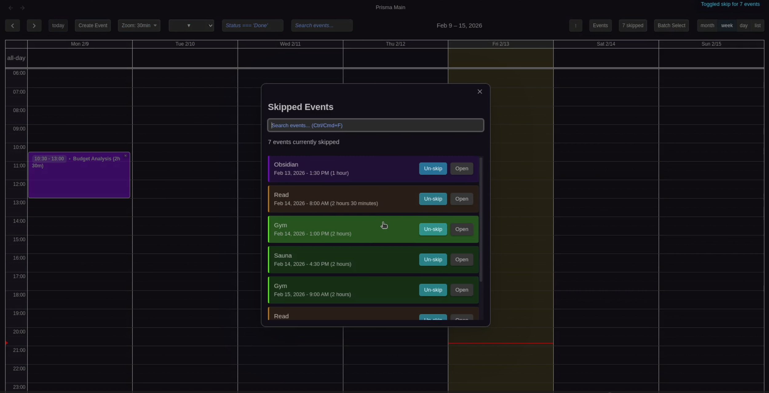 Skipped Events Modal